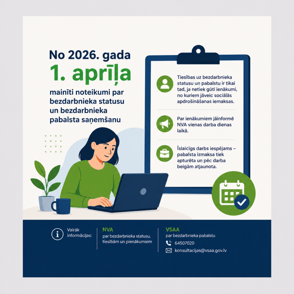Informatīva kvadrātveida ilustrācija par izmaiņām bezdarbnieka statusa un pabalsta saņemšanas noteikumos no 2026. gada 1. aprīļa. Kreisajā pusē redzama sieviete pie klēpjdatora. Labajā pusē uz planšetes attēlota svarīgākā informācija par ienākumu deklarēšanu, bezdarbnieka statusu un īslaicīgu darbu. Apakšā norādīta kontaktinformācija NVA un VSAA. Attēlā izmantoti zaļi, balti un tumši zili toņi.