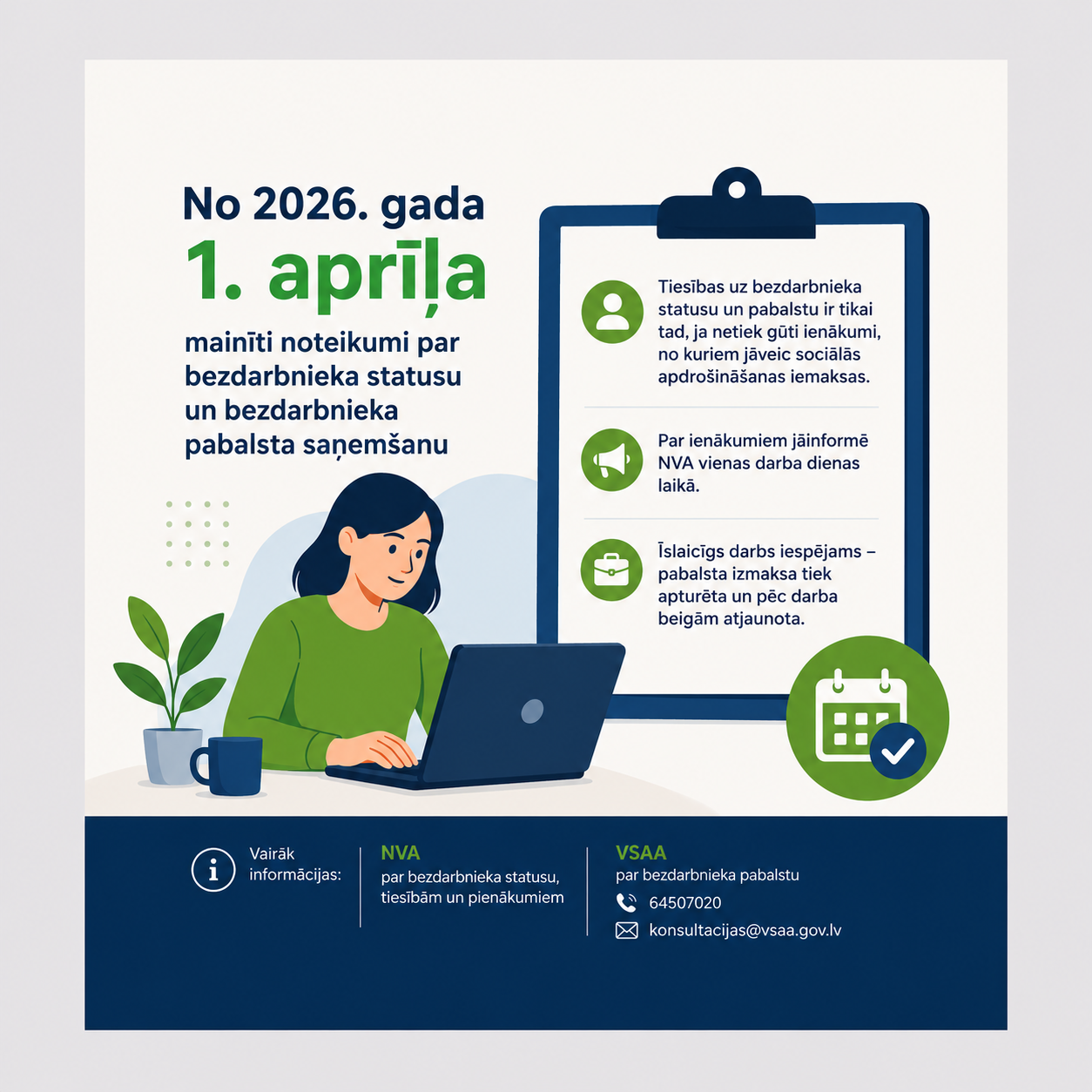 Informatīva kvadrātveida ilustrācija par izmaiņām bezdarbnieka statusa un pabalsta saņemšanas noteikumos no 2026. gada 1. aprīļa. Kreisajā pusē redzama sieviete pie klēpjdatora. Labajā pusē uz planšetes attēlota svarīgākā informācija par ienākumu deklarēšanu, bezdarbnieka statusu un īslaicīgu darbu. Apakšā norādīta kontaktinformācija NVA un VSAA. Attēlā izmantoti zaļi, balti un tumši zili toņi.