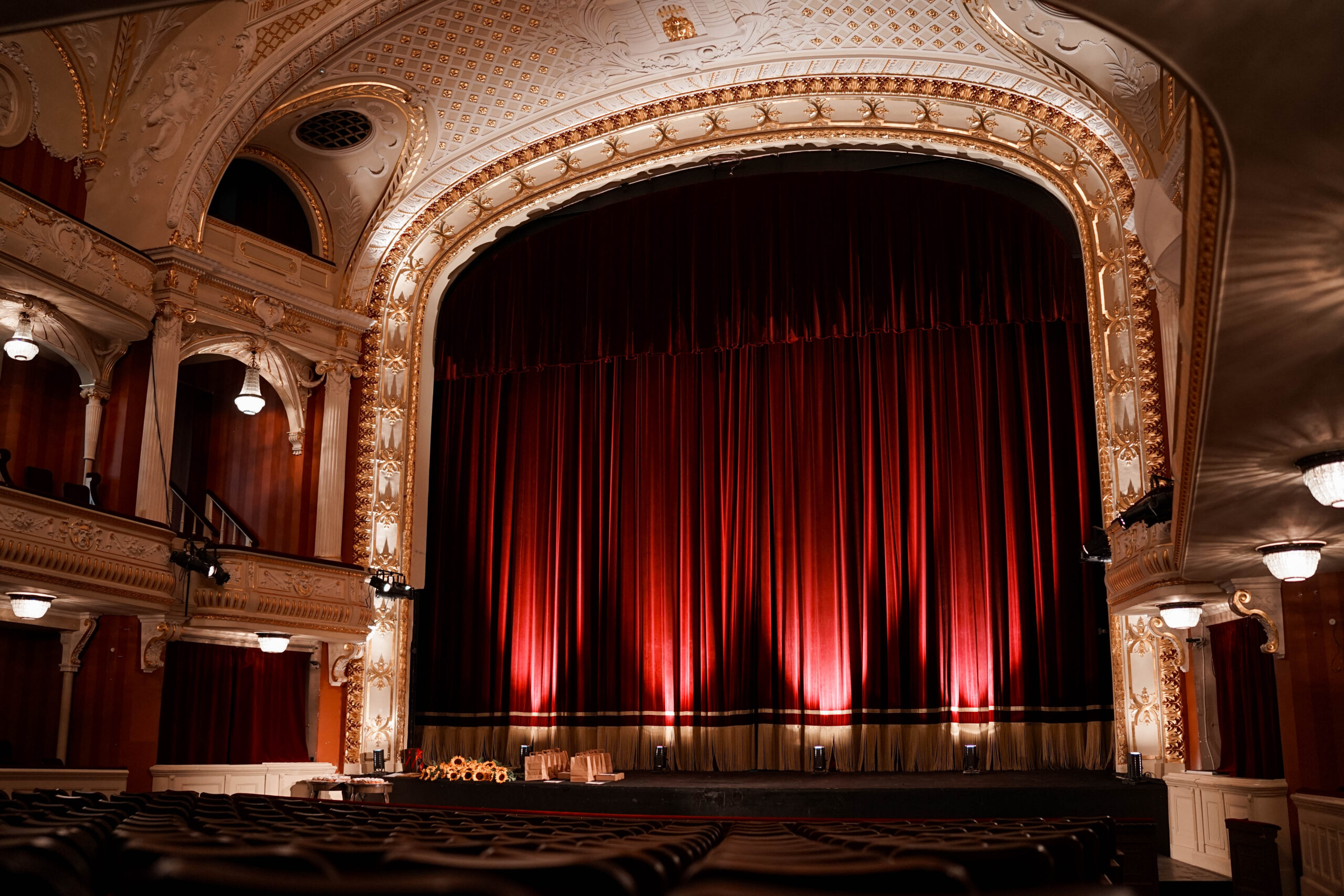 Plaša, grezni dekorēta teātra zāle ar skatuvi priekšplānā. Skatuvi sedz liels, tumši sarkans aizkars, kas izgaismots no apakšas ar siltu gaismu. Apkārt redzami bagātīgi ornamentēti balkoni, kolonnas un griestu rotājumi zelta un gaišos toņos. Priekšplānā rindās izvietoti skatītāju krēsli. Telpā valda klusa, svinīga atmosfēra pirms izrādes sākuma.