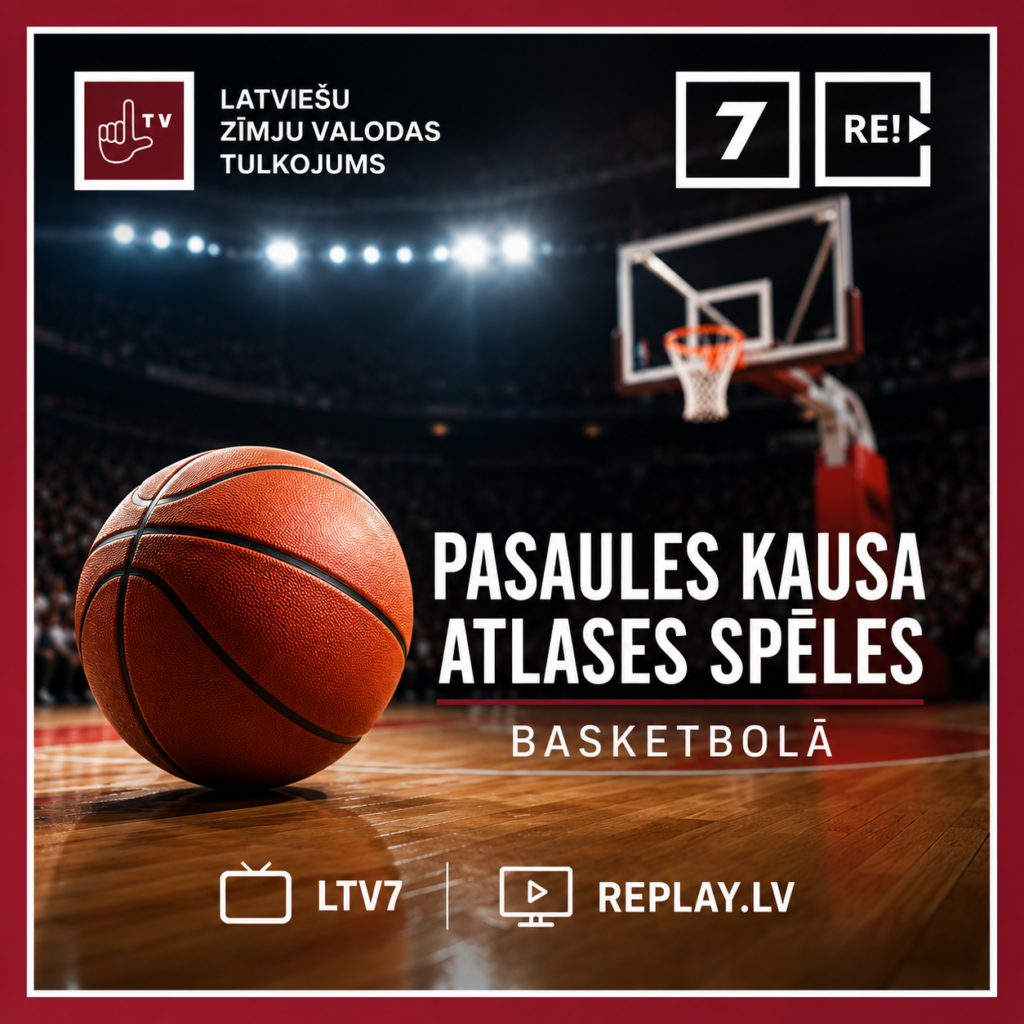 Kvadrātveida reklāmas attēls par Pasaules kausa kvalifikācijas spēlēm basketbolā. Uz basketbola laukuma priekšplānā redzama basketbola bumba, fonā – grozs un izgaismota sporta arēna. Attēla augšējā kreisajā stūrī ir norāde, ka saturs pieejams ar latviešu zīmju valodas tulkojumu, augšējā labajā stūrī – LTV7 un REplay.lv logotipi. Centrā liels uzraksts: "Pasaules kausa atlases spēles basketbolā", bet apakšā – LTV7 un REplay.lv. Attēlu ieskauj ķiršu krāsas rāmis.