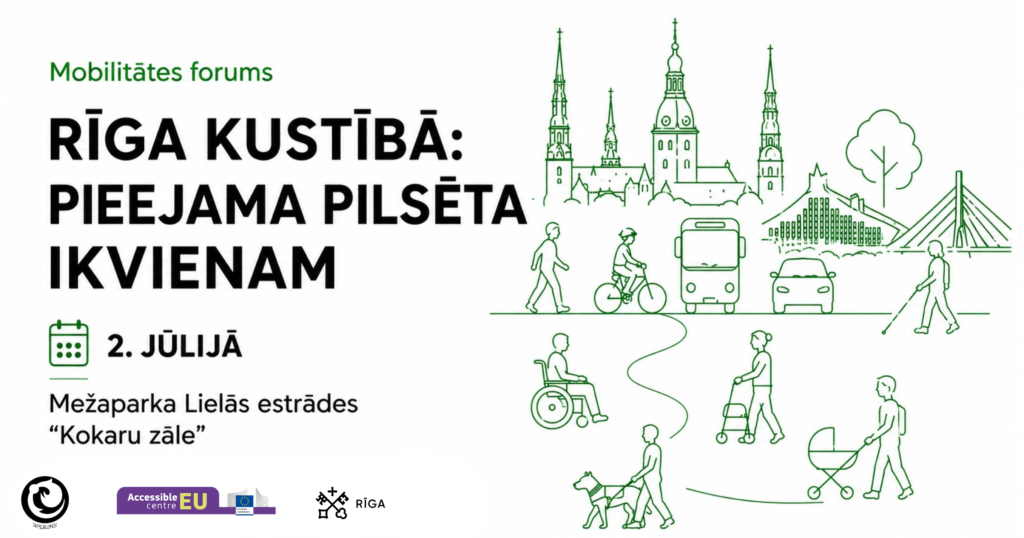 Afiša ar uzrakstu: "Mobilitātes forums – Rīga kustībā: pieejama pilsēta ikvienam". Norādīts, ka pasākums notiks 2. jūlijā Mežaparka Lielās estrādes "Kokaru zālē". Uz gaiša fona attēlota stilizēta Rīgas panorāma zaļā līnijzīmējuma stilā, kur redzami pilsētas torņi un tilts. Priekšplānā attēloti dažādi pārvietošanās veidi un sabiedrības daudzveidība: gājējs, velosipēdists, autobuss, automašīna, cilvēks ar balto spieķi, kā arī cilvēki ratiņkrēslos. Afišas dizains akcentē pieejamu un iekļaujošu mobilitāti ikvienam.
