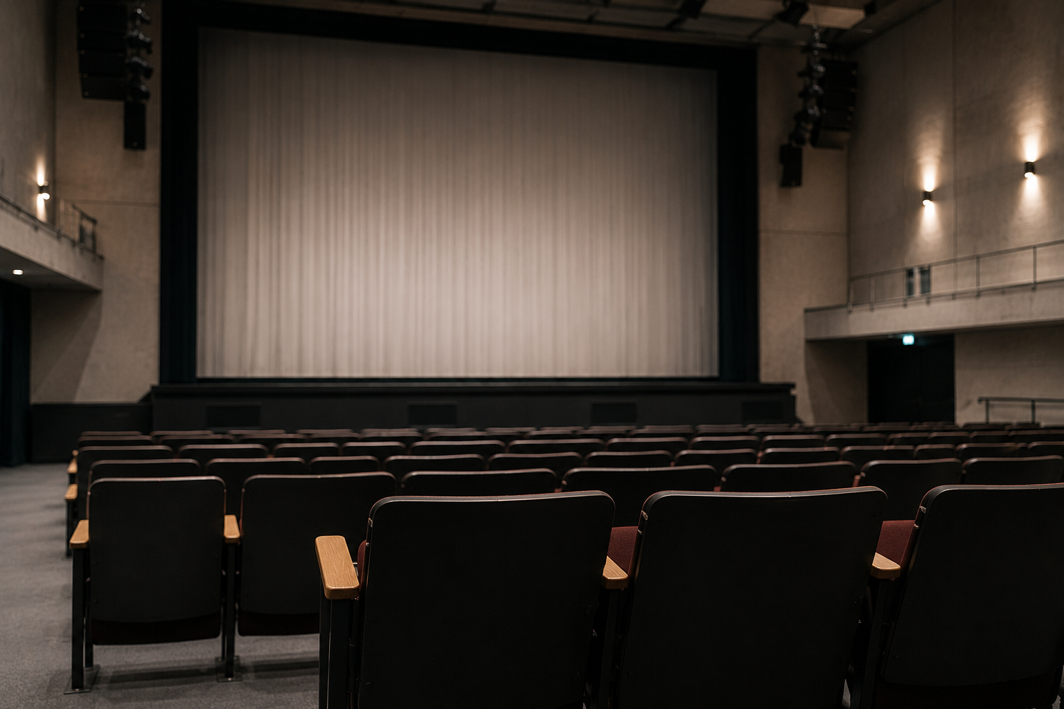 Tukša mūsdienīga teātra zāle ar skatītāju krēsliem, skatuvi un aizvērtu priekškaru. Attēls simbolizē kultūras pieejamību un vienlīdzīgas iespējas cilvēkiem ar dzirdes traucējumiem apmeklēt teātra izrādes.