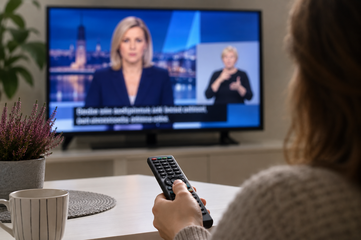 Cilvēks mājās skatās televīzijas ziņu raidījumu. Ekrānā redzams ziņu vadītājs, zīmju valodas tulks un subtitri, simbolizējot pieejamu informāciju cilvēkiem ar dzirdes traucējumiem.
