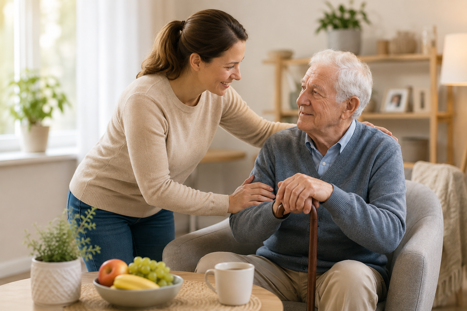 Sociālā darbiniece mājīgā telpā sarunājas ar vientuļu senioru, kurš sēž krēslā un atbalstās uz spieķa.