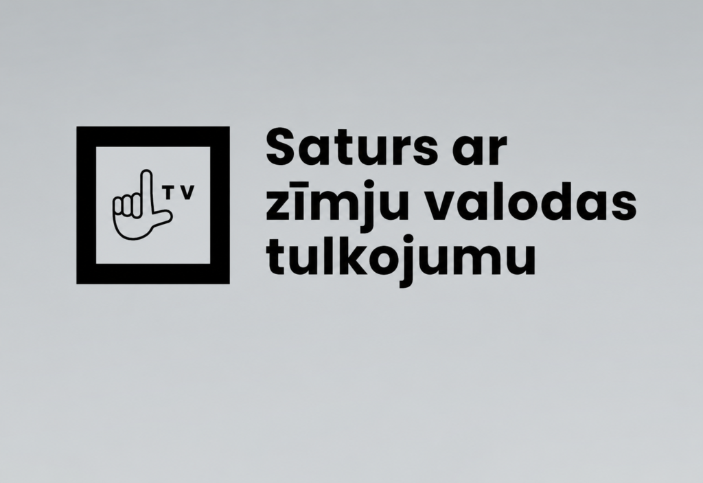 Ikona ar paceltas rokas simbolu un burtiem “TV”, blakus teksts “Saturs ar zīmju valodas tulkojumu”.