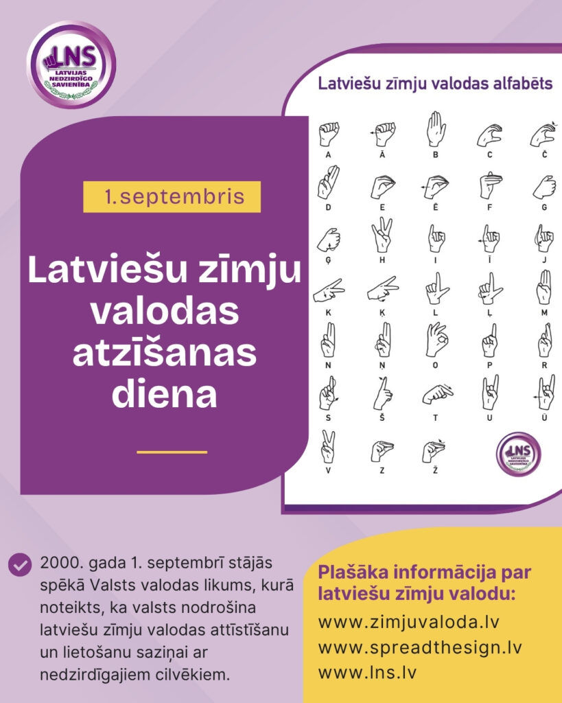 Informatīvs LNS vizuālais materiāls par Latviešu zīmju valodas atzīšanas dienu 1. septembrī. Attēlots latviešu zīmju valodas alfabēts. Norādīts, ka 2000. gada 1. septembrī stājās spēkā Valsts valodas likums, kurā noteikts, ka valsts nodrošina latviešu zīmju valodas attīstīšanu un lietošanu saziņai ar nedzirdīgajiem cilvēkiem.