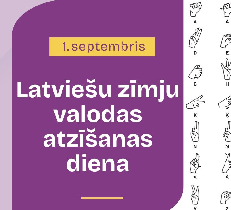 Informatīvs LNS vizuālais materiāls par Latviešu zīmju valodas atzīšanas dienu 1. septembrī. Attēlots latviešu zīmju valodas alfabēts. Norādīts, ka 2000. gada 1. septembrī stājās spēkā Valsts valodas likums, kurā noteikts, ka valsts nodrošina latviešu zīmju valodas attīstīšanu un lietošanu saziņai ar nedzirdīgajiem cilvēkiem.