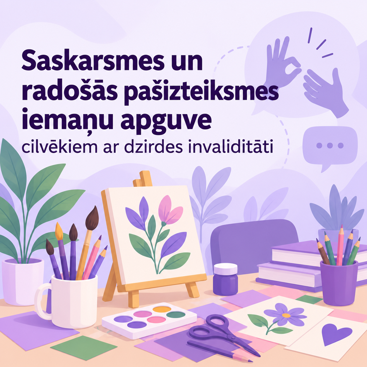 Informatīva ilustrācija par saskarsmes un radošās pašizteiksmes iemaņu apguvi cilvēkiem ar dzirdes invaliditāti. Gaiši violetos toņos attēloti saskarsmes simboli, zīmju valodas roku žesti un radošo nodarbību piederumi – otas, krāsas, zīmuļi un zīmējumi.