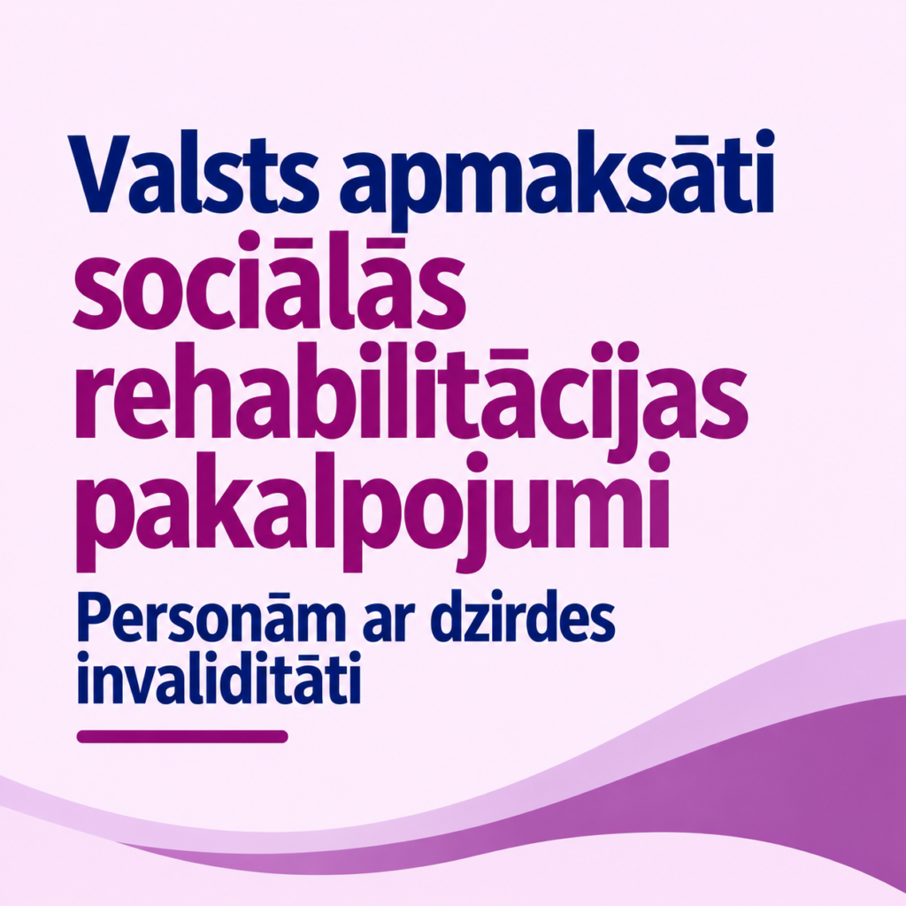Attēlā uz gaiši rozā fona redzams uzraksts “Valsts apmaksāti sociālās rehabilitācijas pakalpojumi personām ar dzirdes invaliditāti”. Teksts veidots tumši zilā un violetā krāsā, attēla apakšdaļā ir dekoratīvas violetas viļņveida līnijas.